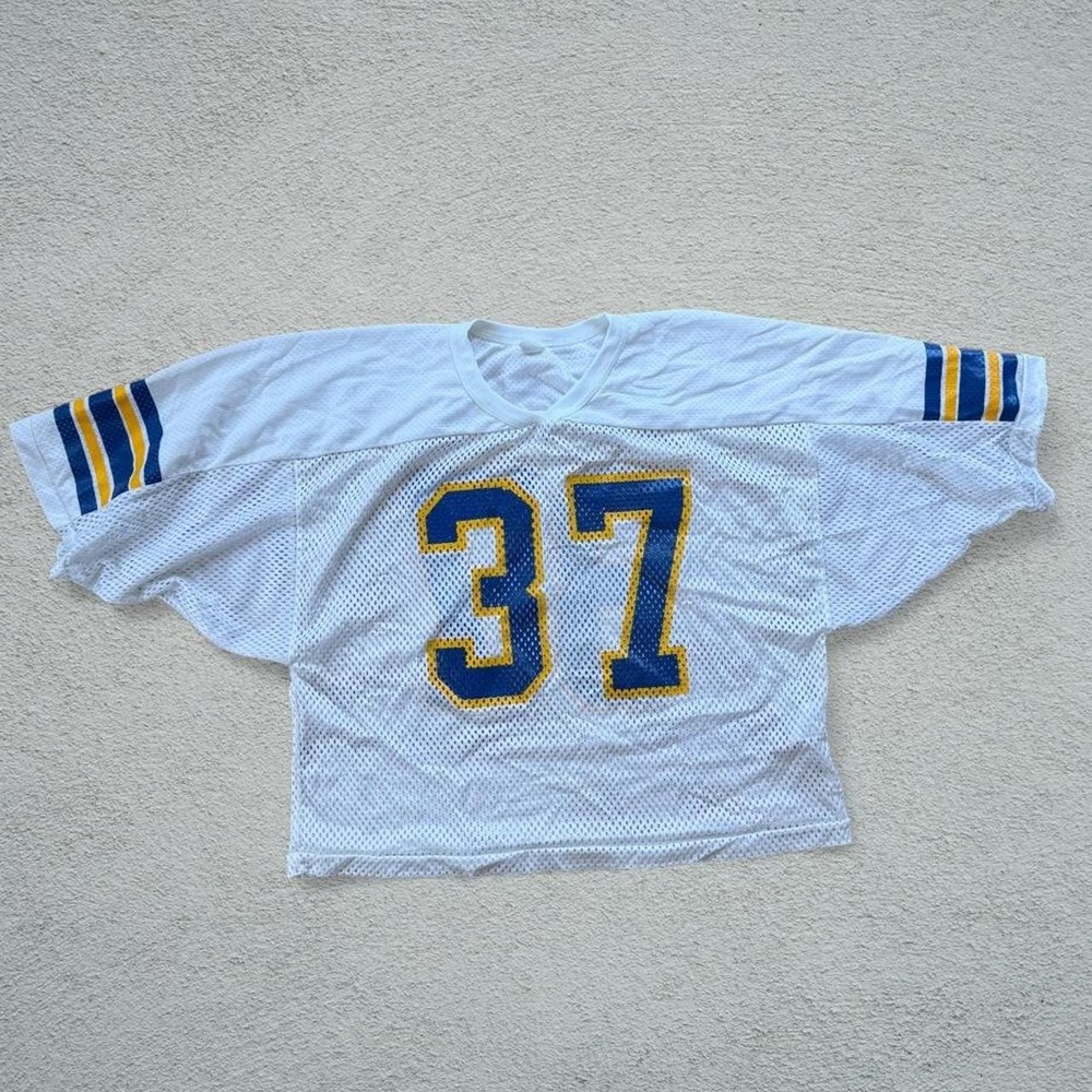 Cohn Athletic 90s Cropped Mesh Jersey #37 White Navy Gold XL